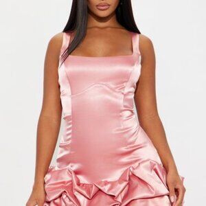 Sienna Satin Ruffle Bow Mini Dress - Pink - 2X